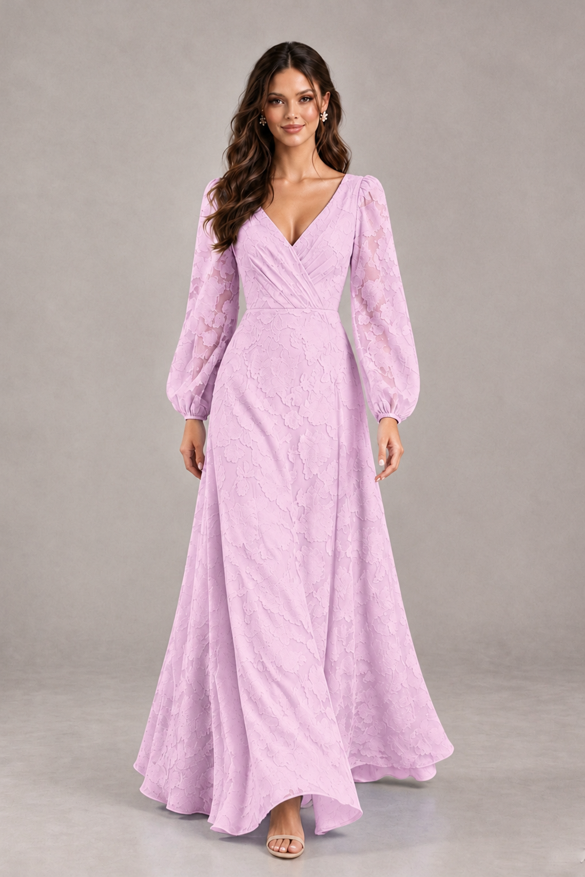 BOLODOO Mauve Long Sleeve V-Neck A-Line Mother of the Bride Dress - Mauve - Mauve_4