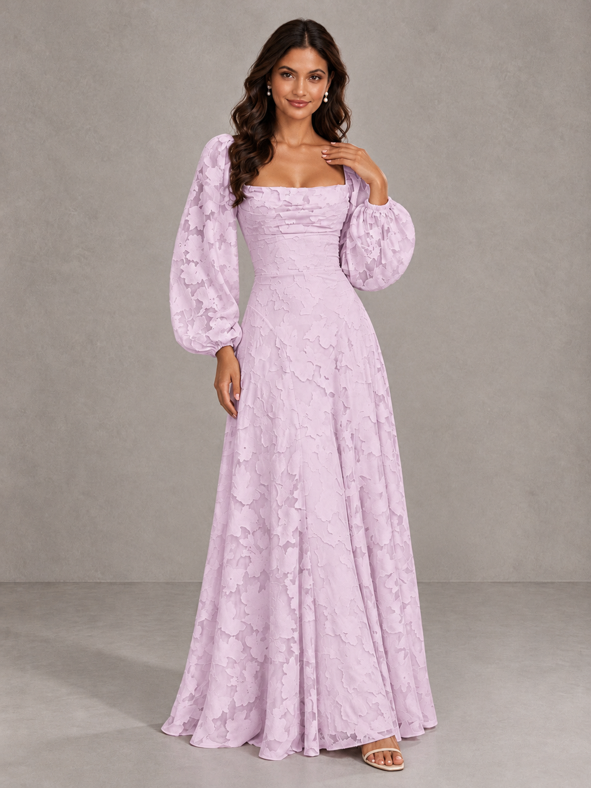 BOLODOO Mauve Floral Long Sleeve A-Line Bridesmaid Dress - Mauve - Mauve_4