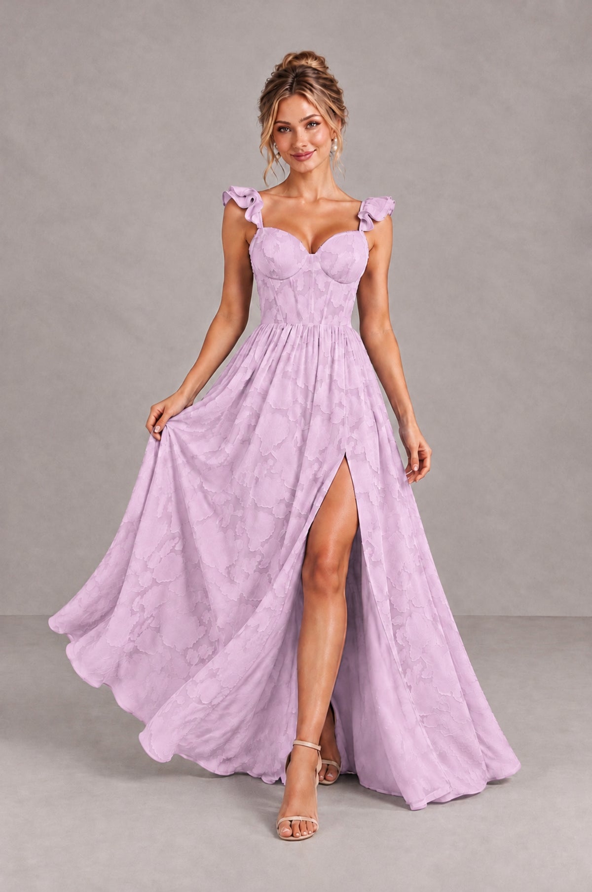 BOLODOO Mauve Floral A-Line Bridesmaid Dress with Slit Ruffle Straps Maxi Gown - Mauve - Mauve_4