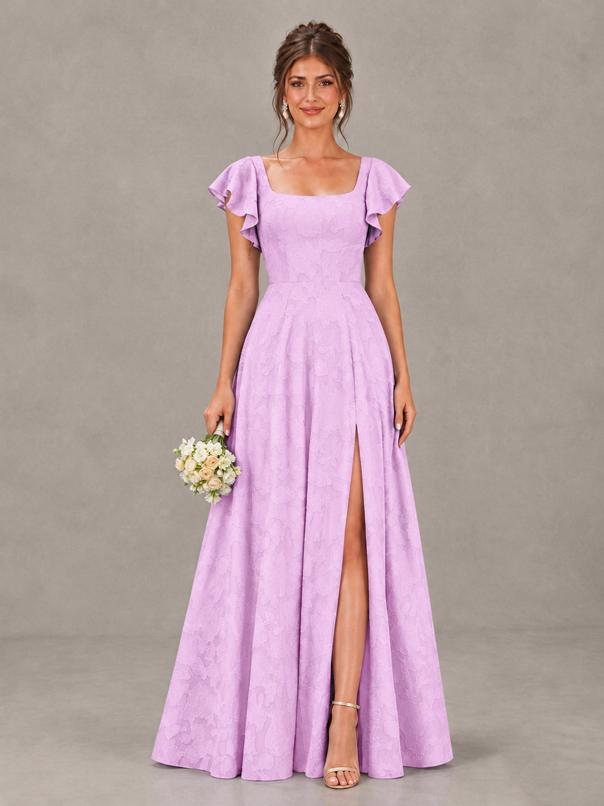 BOLODOO Mauve Floral Flutter Sleeve Bridesmaid Dress with Slit - Mauve - Mauve (1)