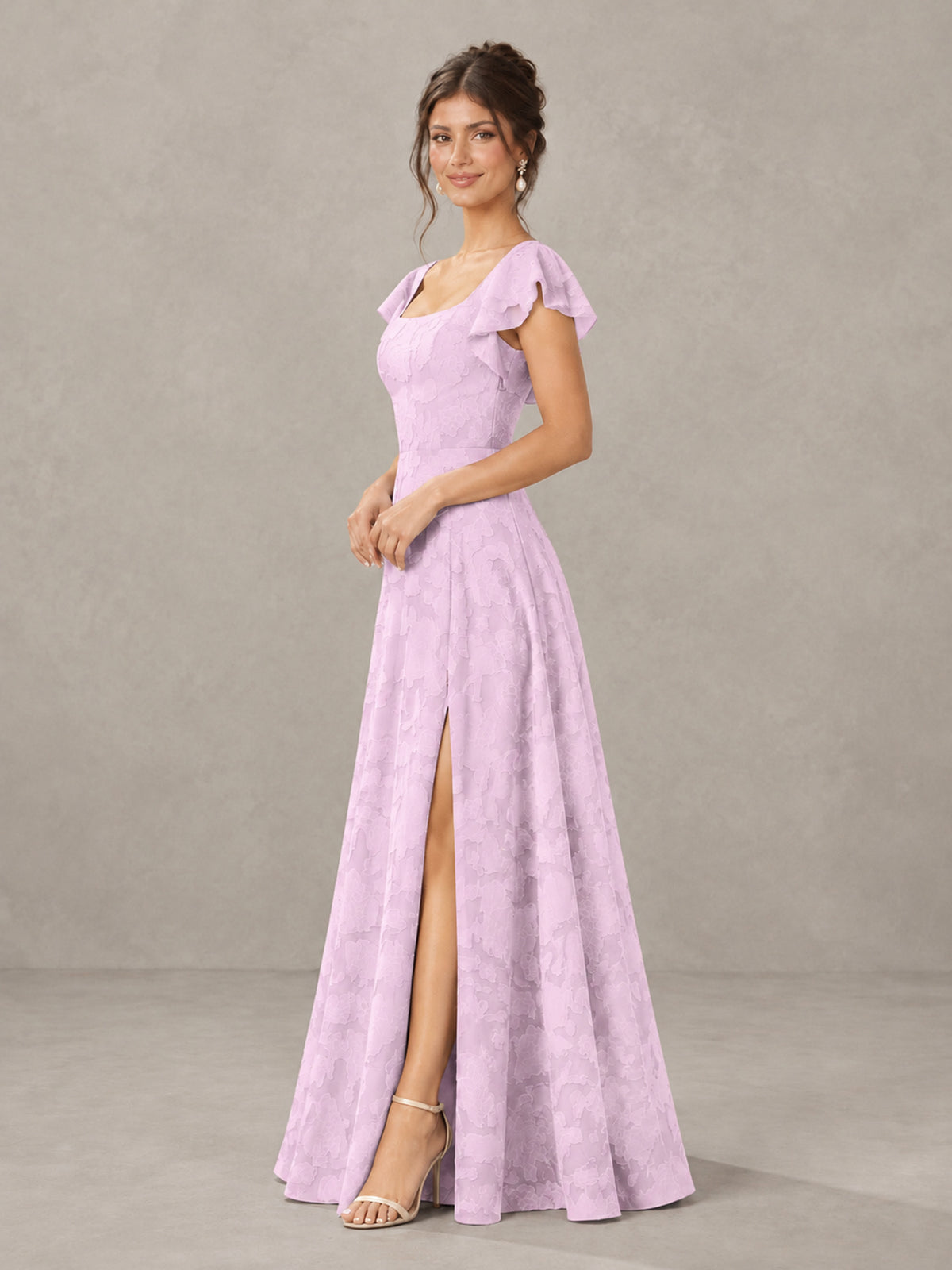 BOLODOO Mauve Floral Flutter Sleeve Bridesmaid Dress with Slit - Mauve - Mauve (3)