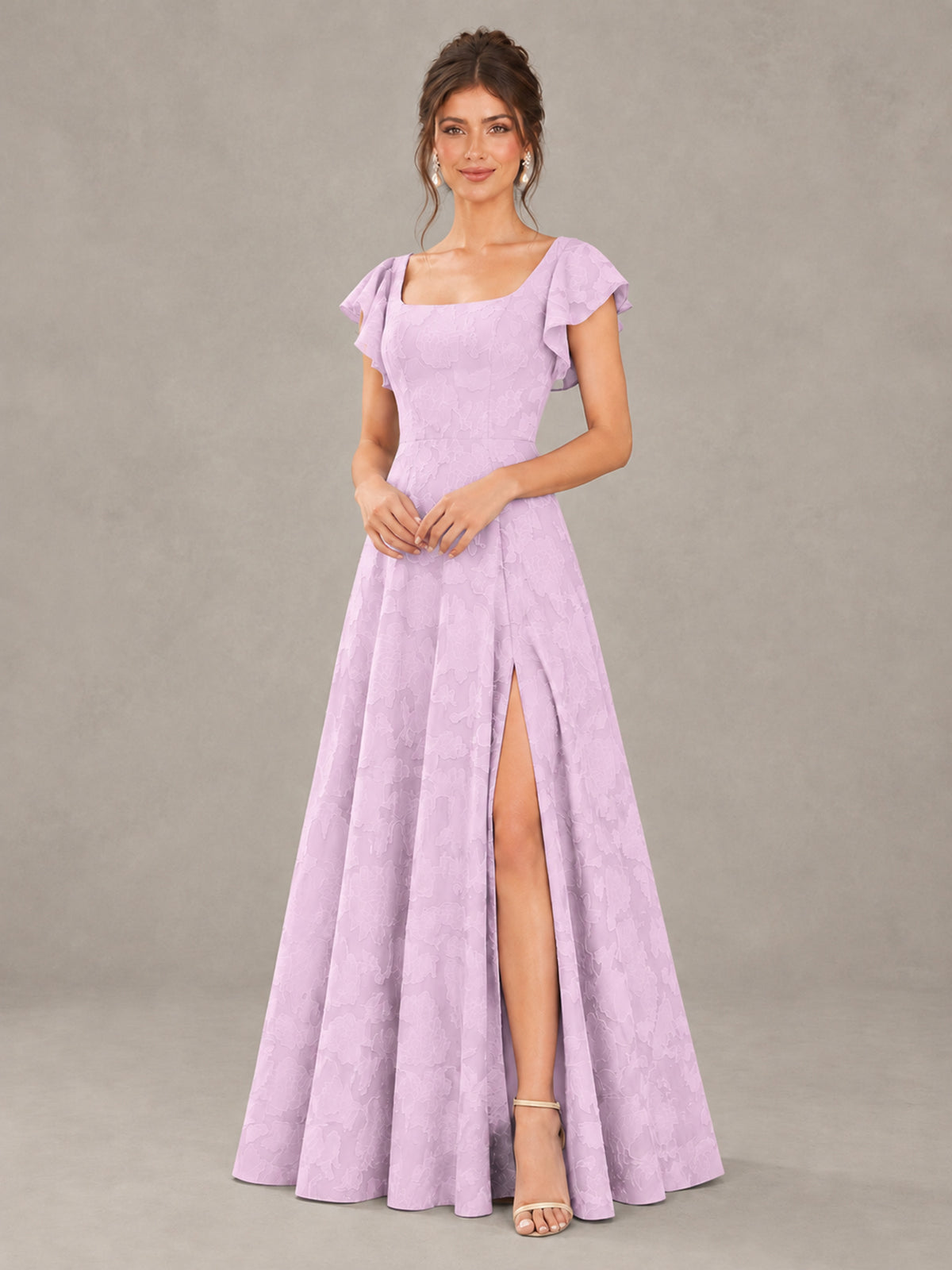 BOLODOO Mauve Floral Flutter Sleeve Bridesmaid Dress with Slit - Mauve - Mauve (4)
