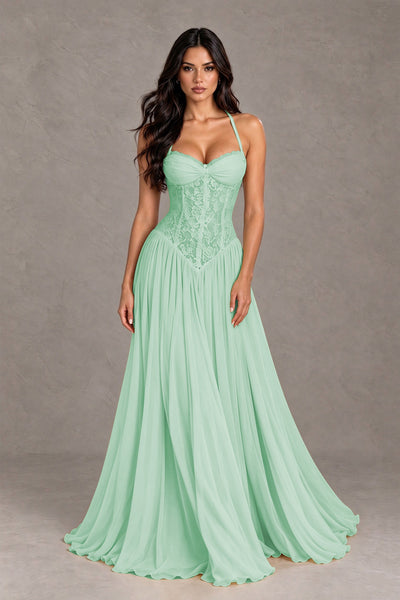 BOLODOO Mint Green Lace Corset Halter Maxi Gown – Backless A-Line Formal Dress 