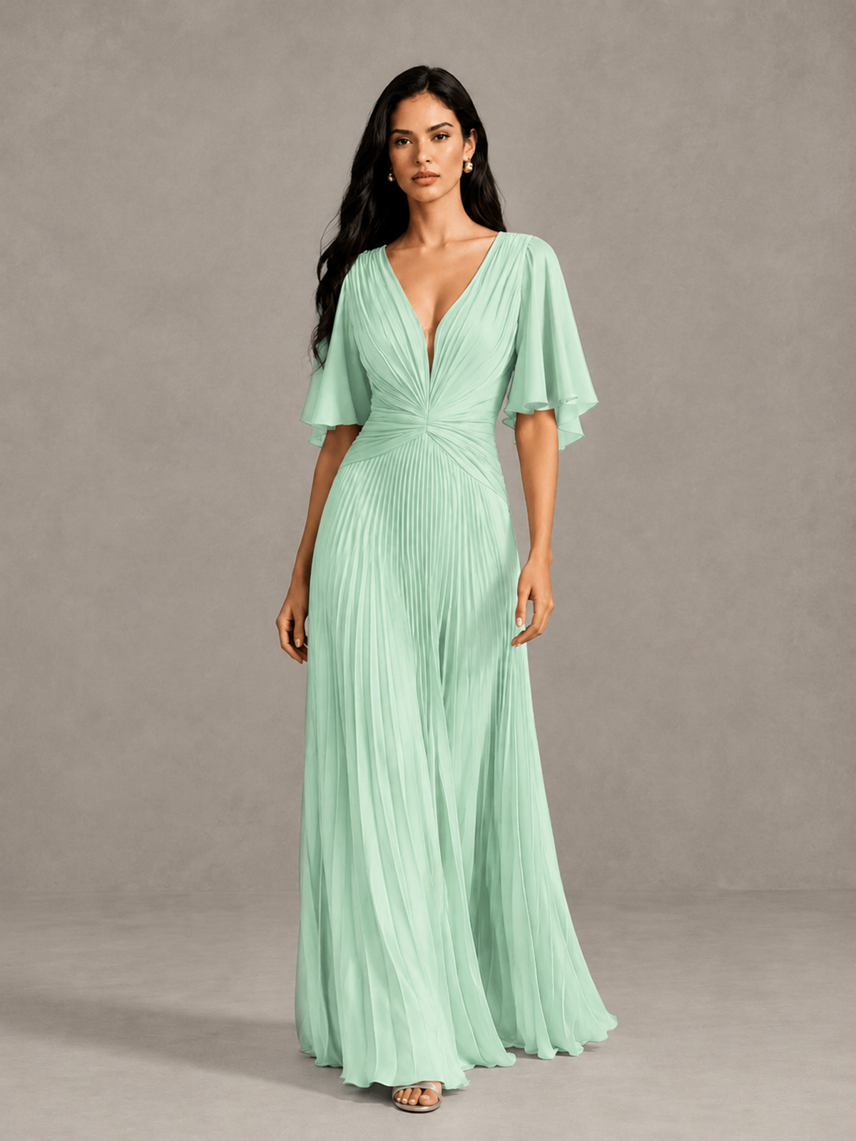 BOLODOO Mint Green Pleated V-Neck Flutter Sleeve Bridesmaid Dress 