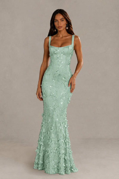 BOLODOO Mint Green Sequin 3D Floral Mermaid Maxi Gown – Lace-Up Back Formal Dress 