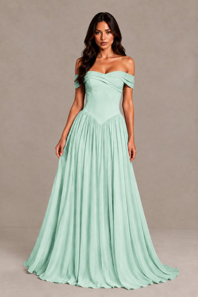 BOLODOO Mint Green Off-Shoulder Sweetheart Corset Pleated Chiffon Maxi Dress 