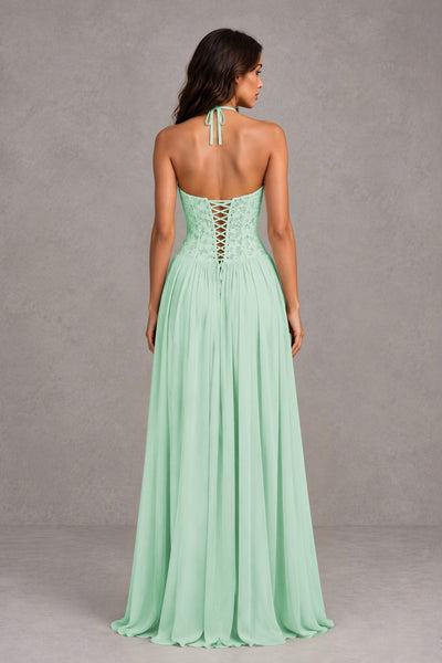 BOLODOO Mint Green Lace Corset Halter Maxi Gown – Backless A-Line Formal Dress 