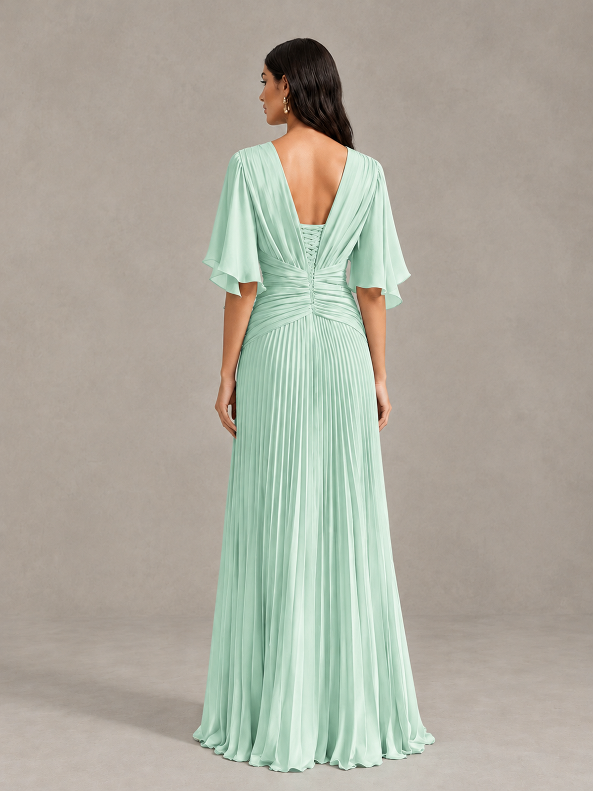 BOLODOO Mint Green Pleated V-Neck Flutter Sleeve Bridesmaid Dress 