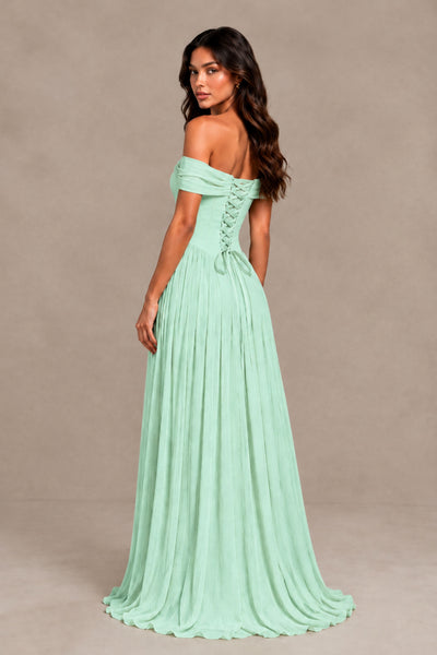 BOLODOO Mint Green Off-Shoulder Sweetheart Corset Pleated Chiffon Maxi Dress 
