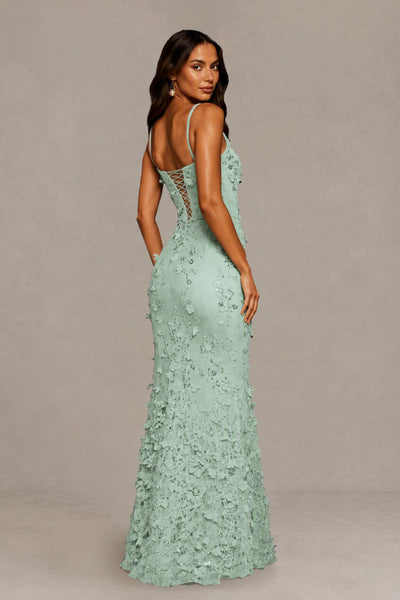 BOLODOO Mint Green Sequin 3D Floral Mermaid Maxi Gown – Lace-Up Back Formal Dress 