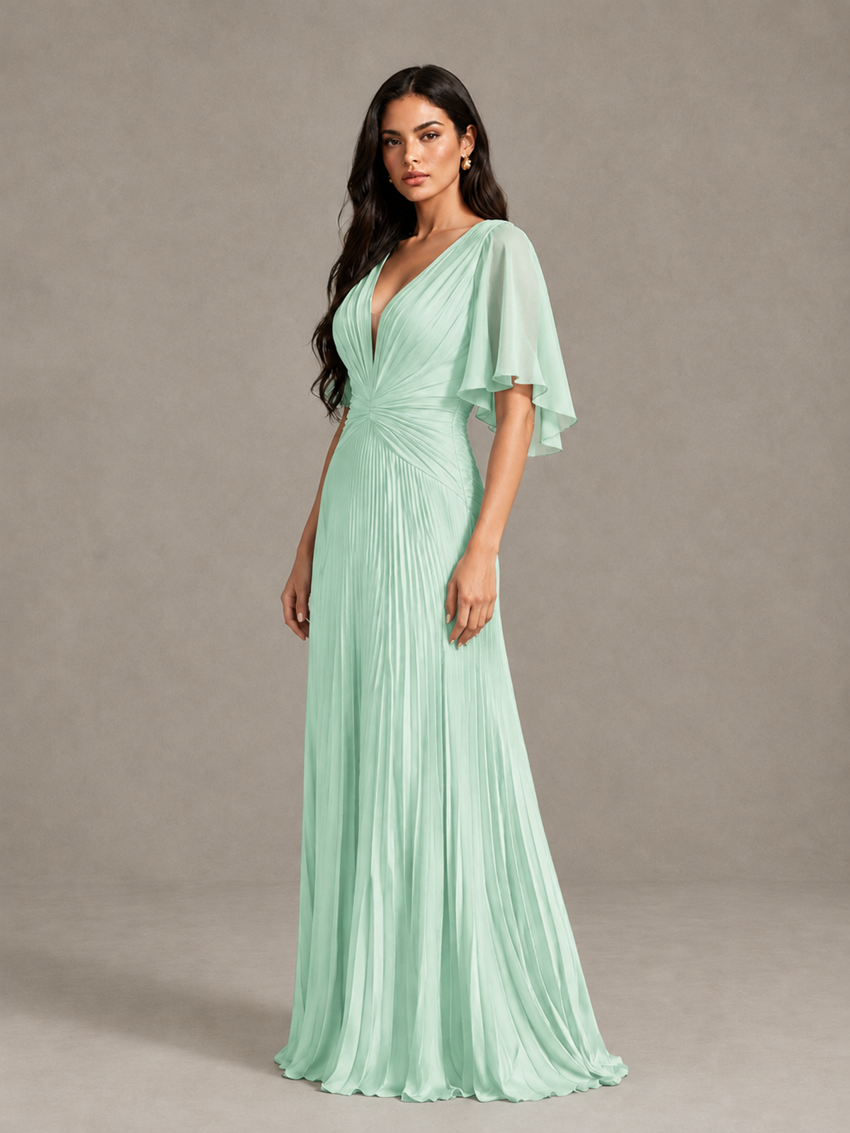 BOLODOO Mint Green Pleated V-Neck Flutter Sleeve Bridesmaid Dress 
