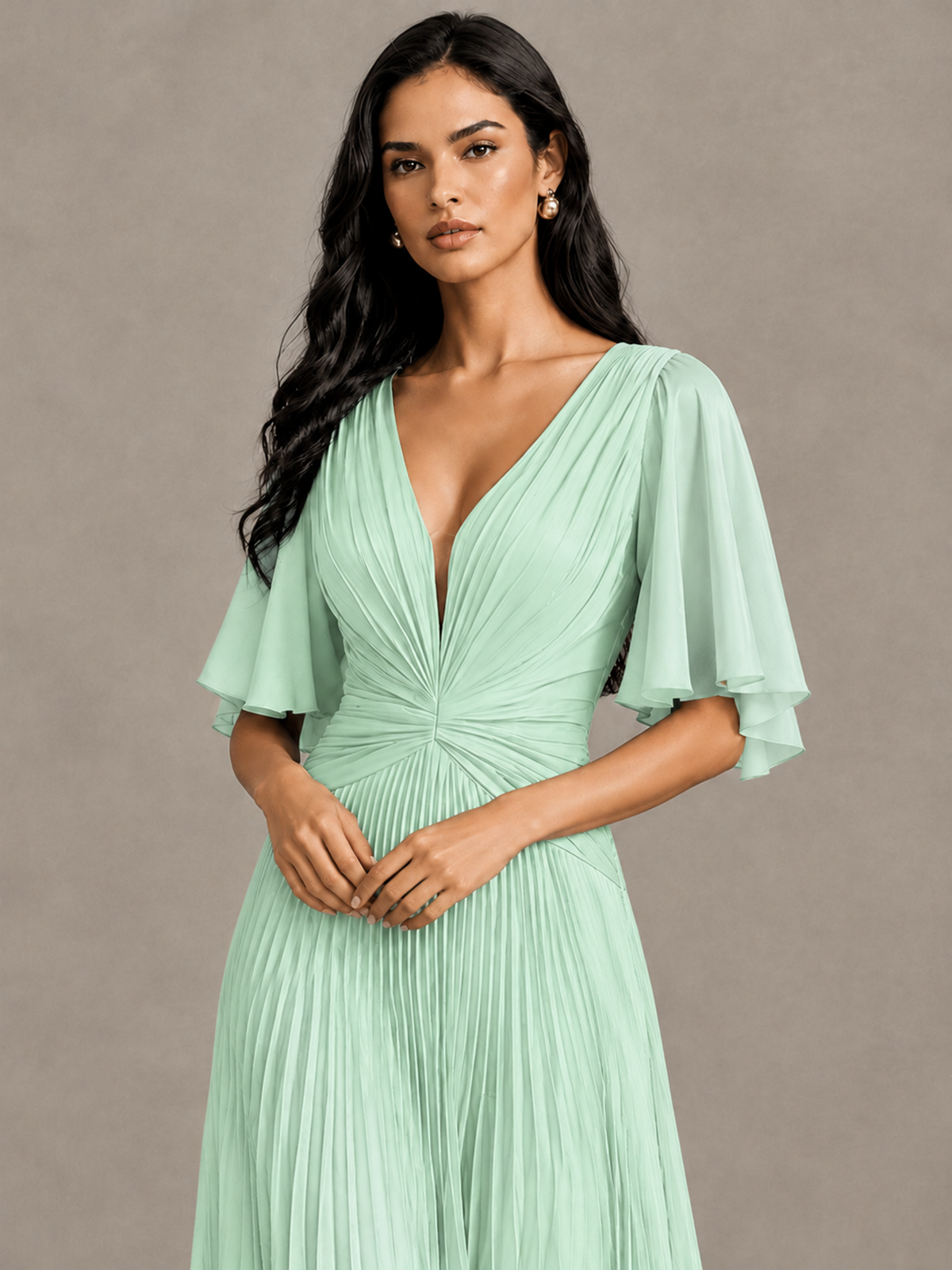 BOLODOO Mint Green Pleated V-Neck Flutter Sleeve Bridesmaid Dress 