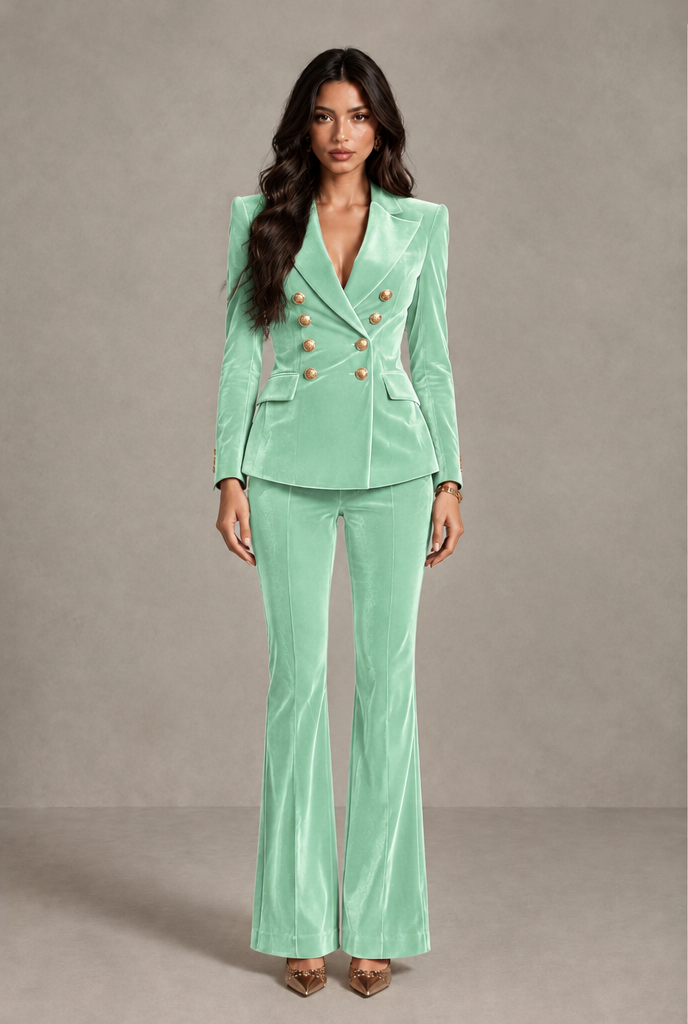 BOLODOO Mint Green Velvet Double-Breasted Blazer & Pants Two-Piece Suit - Mint Green - Mint Green_01