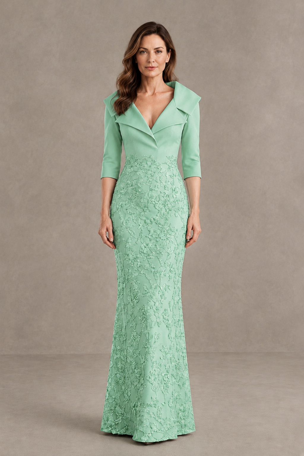 BOLODOO Mint Green Three-Quarter Sleeve Mermaid Evening Dress with Floral Detail - Mint Green - Mint Green_01