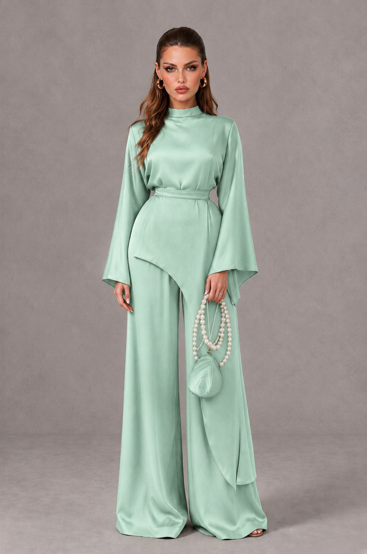 BOLODOO Mint Green Satin-Look Long Sleeve Wide-Leg Jumpsuit - Mint Green - Mint Green_01