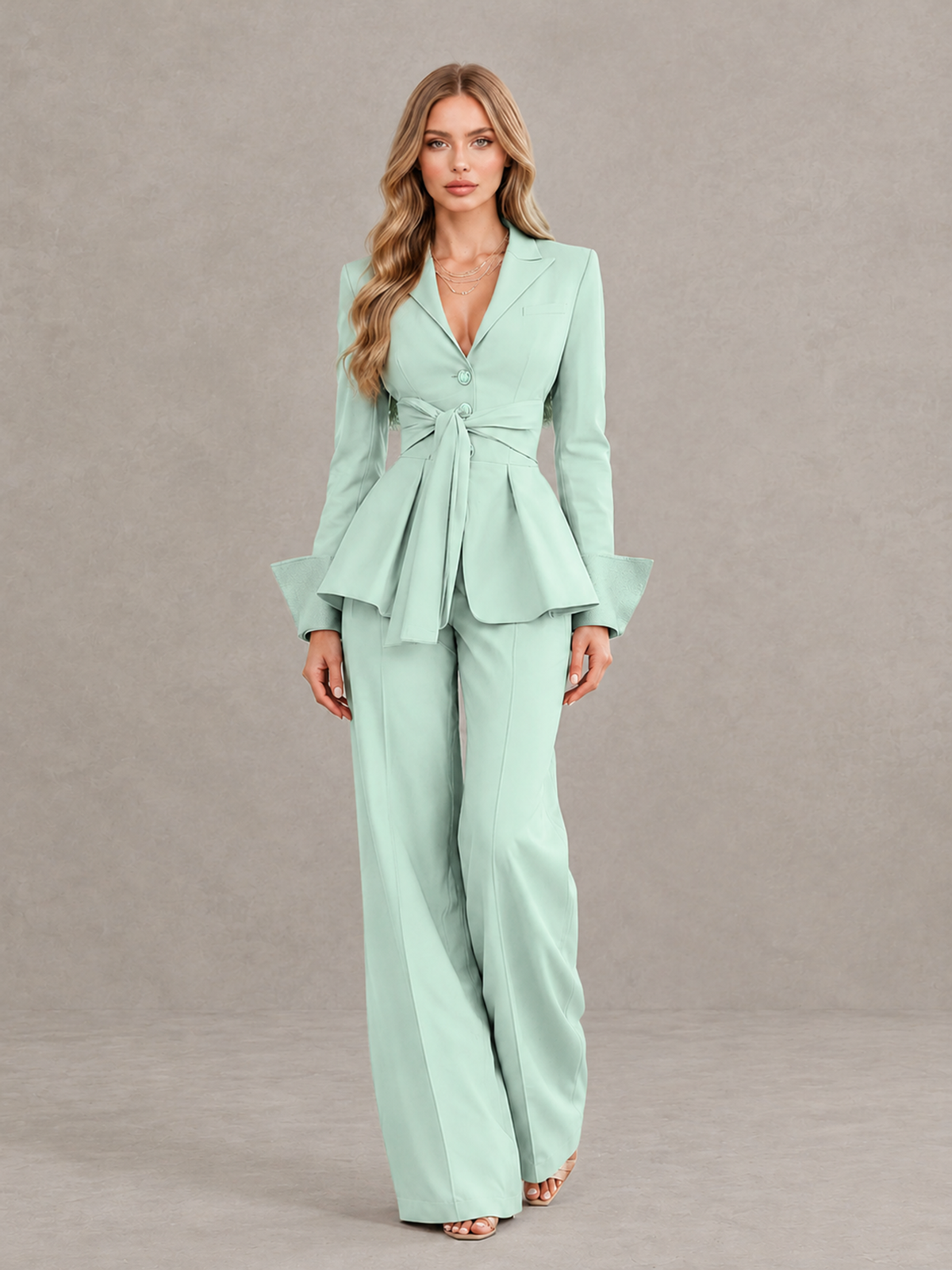 BOLODOO Mint Green Belted Peplum Pantsuit with Long Sleeves & Wide-Leg Trousers - Mint Green - Mint Green_01