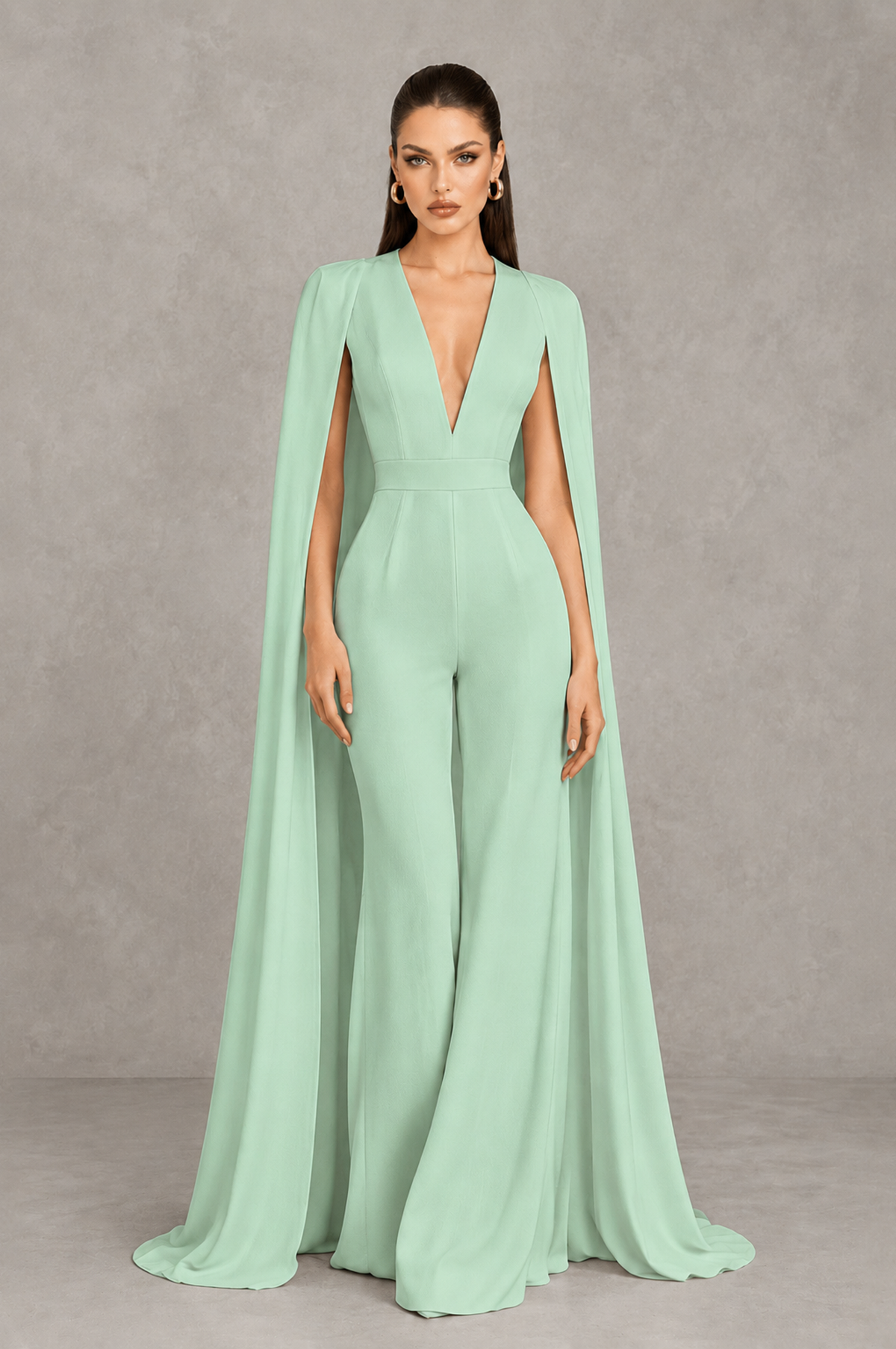 BOLODOO Mint Green Deep V-Neck Cape Sleeve Bridal Jumpsuit - Mint Green - Mint Green_01