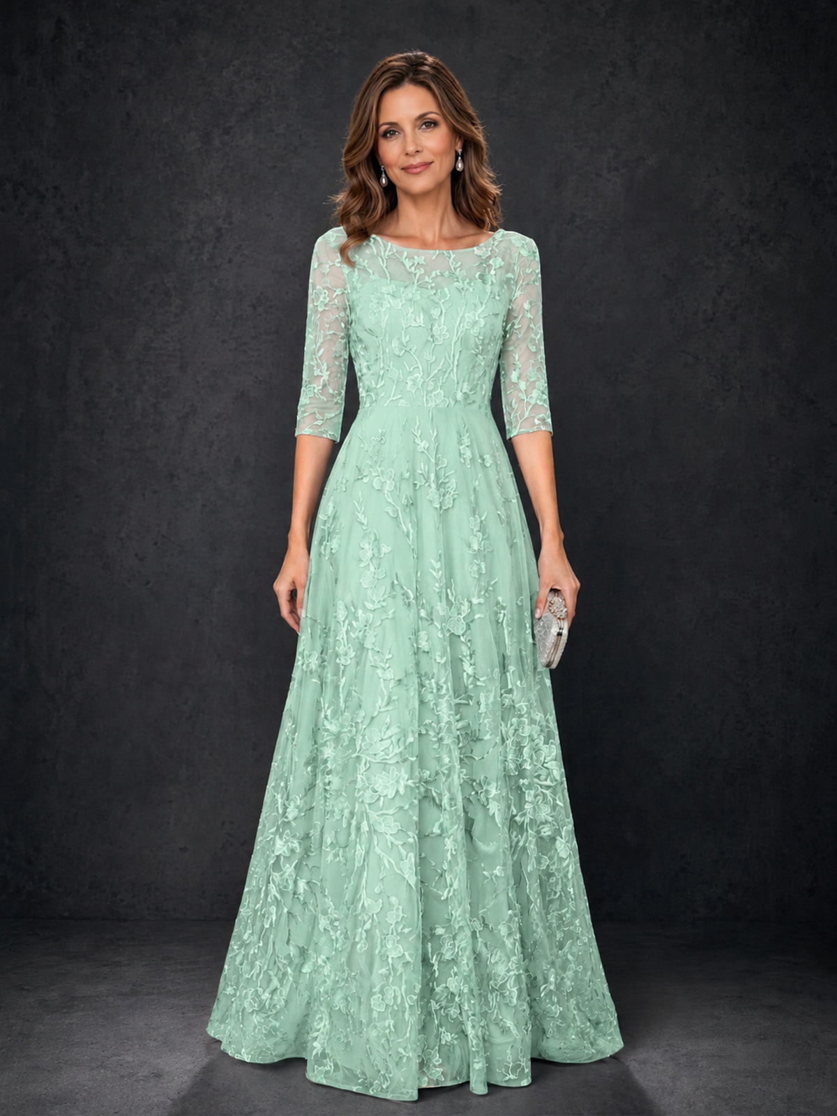 BOLODOO Mint Green Illusion Bateau Neck 3/4 Sleeve Floral Lace A-Line Mother of the Bride Dress MX007 - Mint Green - Mint Green_01