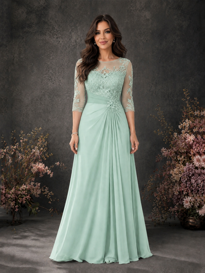 BOLODOO Mint Green Chiffon Lace Illusion Neckline 3/4 Sleeve Floor Length Formal Gown - Mint Green - Mint Green_01