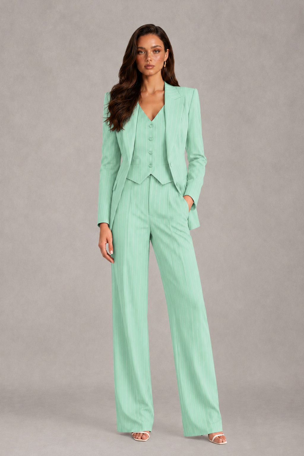 BOLODOO Women's Mint Green Pinstripe Three-Piece Pantsuit with Wide-Leg Trousers - Mint Green - Mint Green_01