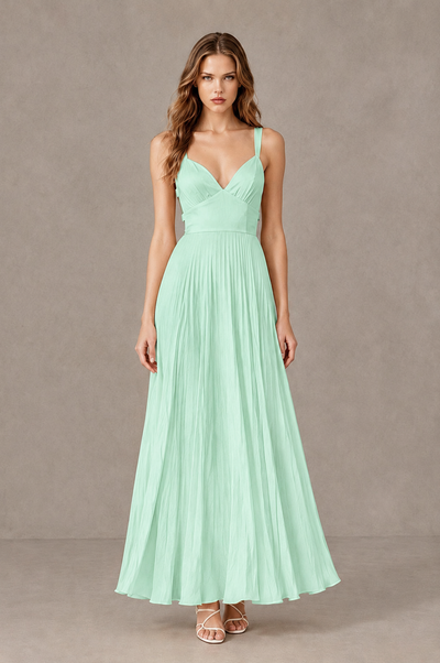 BOLODOO Mint Green V-Neck Pleated Open-Back Maxi Dress - Mint Green - Mint Green_01