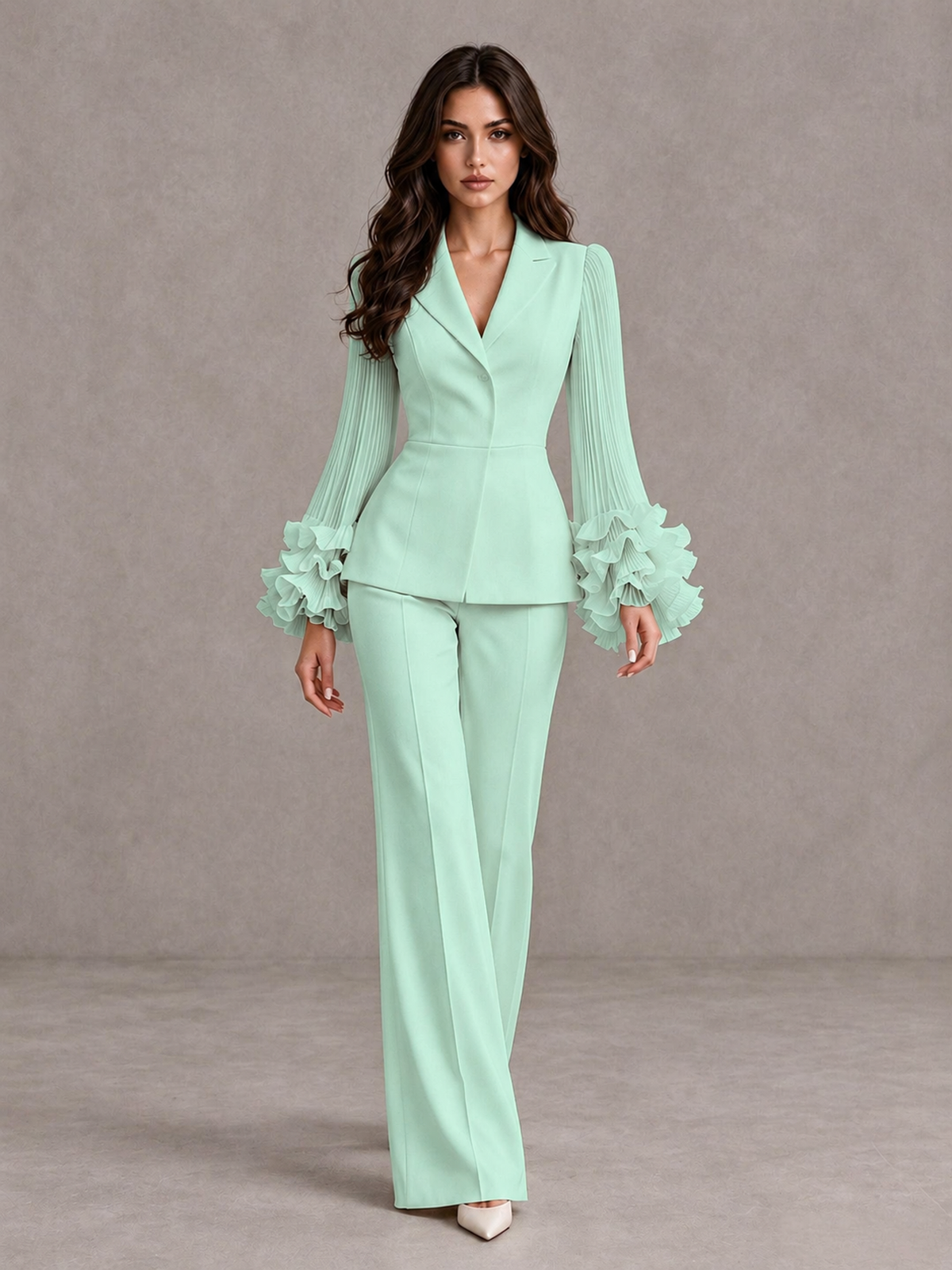 BOLODOO Mint Green Mother of the Bride Pant Suit – Pleated Long Sleeve Ruffle Cuff Wide Leg Trouser Suit - Mint Green - Mint Green_01