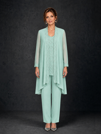 BOLODOO Mint Green 3-Piece Beaded Chiffon Duster Jacket Pant Suit - Mint Green - Mint Green_01