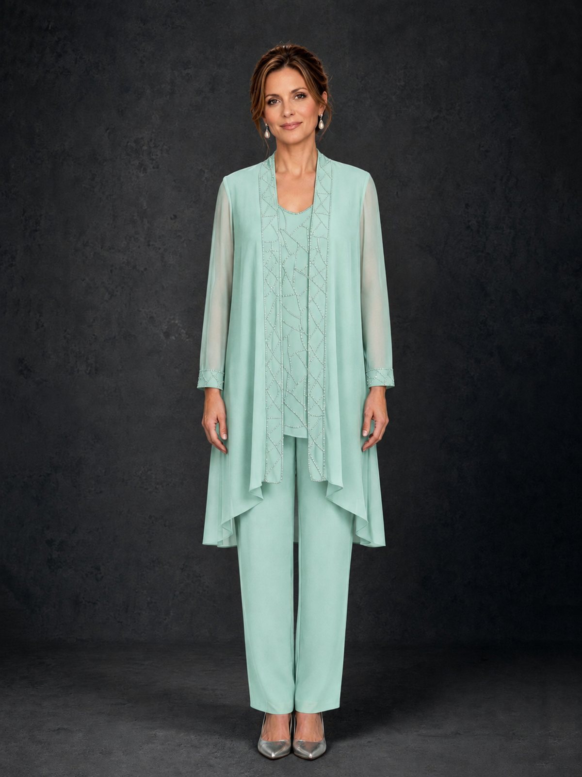 BOLODOO Mint Green 3-Piece Beaded Chiffon Duster Jacket Pant Suit - Mint Green - Mint Green_01