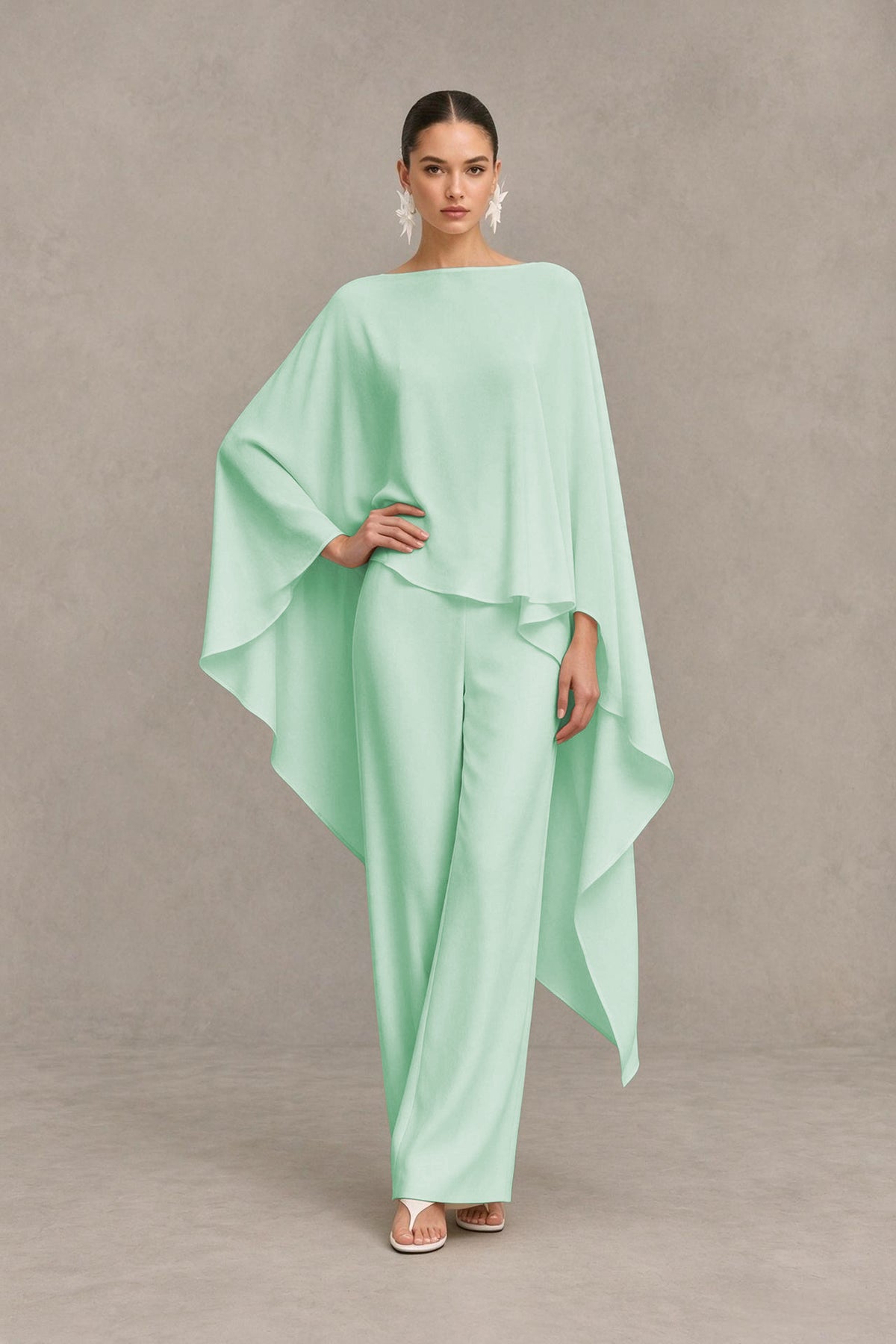 BOLODOO Mint Green Cape Sleeve Wide-Leg Formal Pantsuit - Mint Green - Mint Green_02