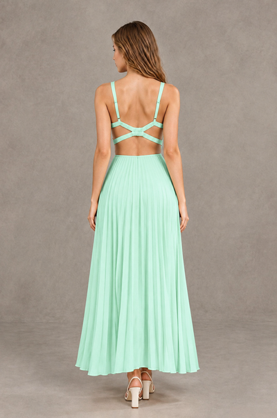 BOLODOO Mint Green V-Neck Pleated Open-Back Maxi Dress - Mint Green - Mint Green_02