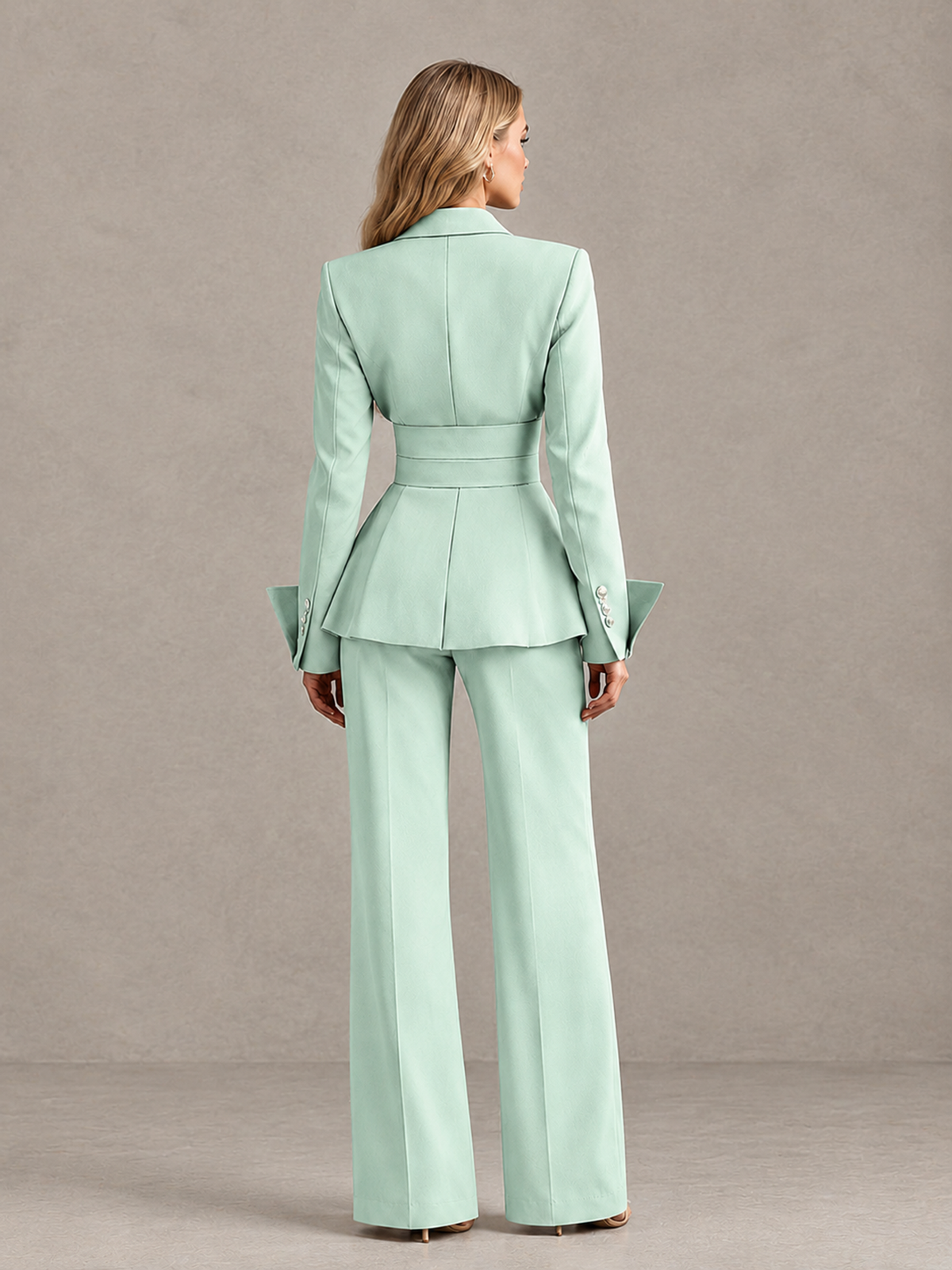 BOLODOO Mint Green Belted Peplum Pantsuit with Long Sleeves & Wide-Leg Trousers - Mint Green - Mint Green_02