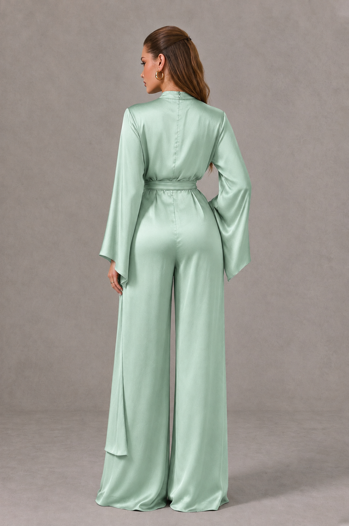 BOLODOO Mint Green Satin-Look Long Sleeve Wide-Leg Jumpsuit - Mint Green - Mint Green_02