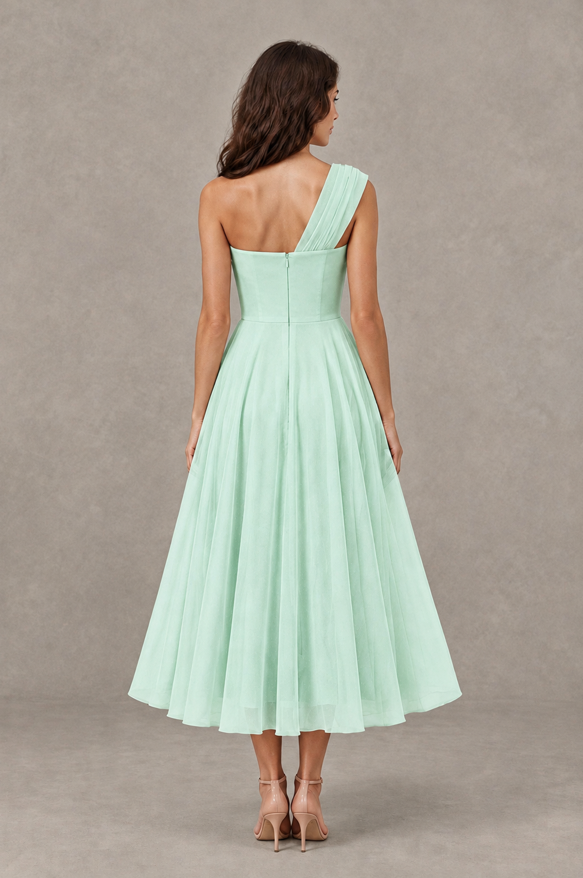 BOLODOO Mint Green One-Shoulder Floral Tulle Tea-Length Dress - Mint Green - Mint Green_02