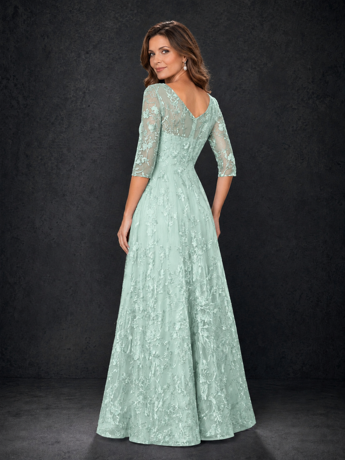 BOLODOO Mint Green Illusion Bateau Neck 3/4 Sleeve Floral Lace A-Line Mother of the Bride Dress MX007 - Mint Green - Mint Green_02