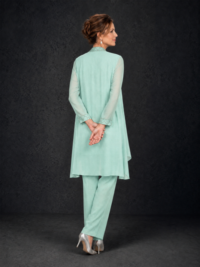BOLODOO Mint Green 3-Piece Beaded Chiffon Duster Jacket Pant Suit - Mint Green - Mint Green_02