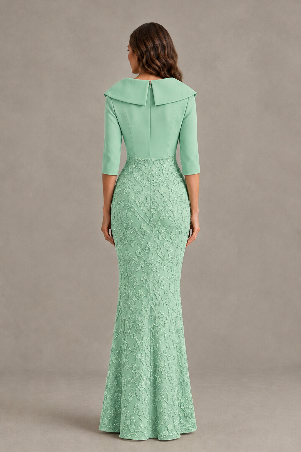 BOLODOO Mint Green Three-Quarter Sleeve Mermaid Evening Dress with Floral Detail - Mint Green - Mint Green_02