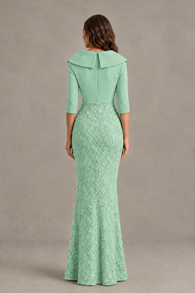 BOLODOO Mint Green Three-Quarter Sleeve Mermaid Evening Dress with Floral Detail - Mint Green - Mint Green_02