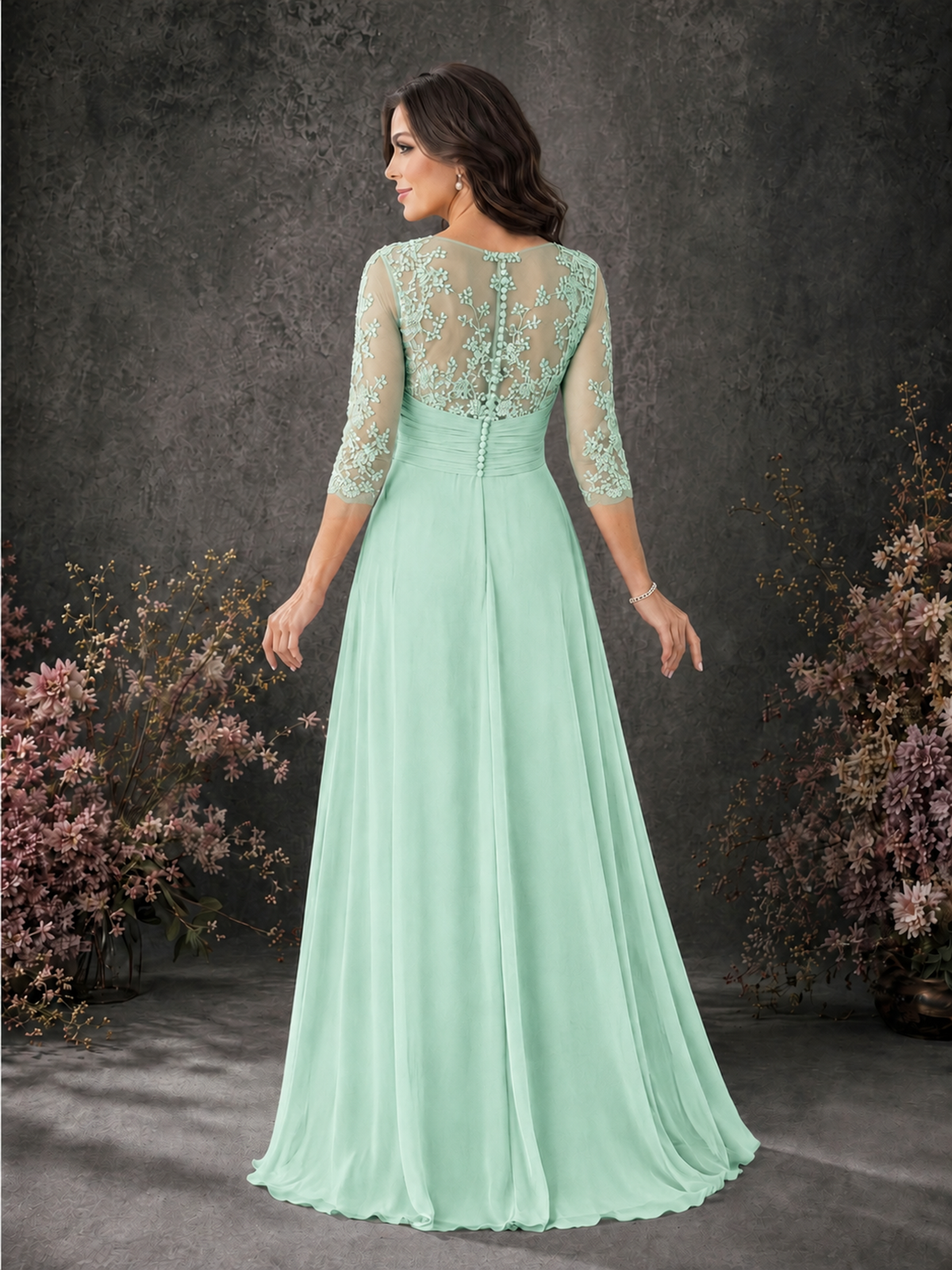 BOLODOO Mint Green Chiffon Lace Illusion Neckline 3/4 Sleeve Floor Length Formal Gown - Mint Green - Mint Green_02