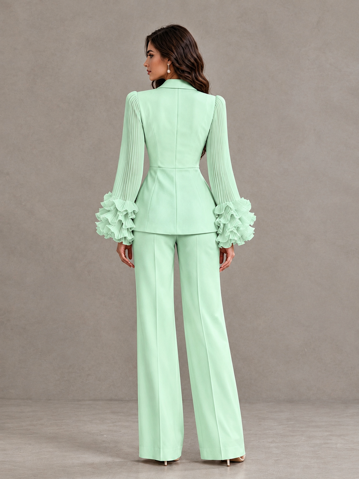 BOLODOO Mint Green Mother of the Bride Pant Suit – Pleated Long Sleeve Ruffle Cuff Wide Leg Trouser Suit - Mint Green - Mint Green_02