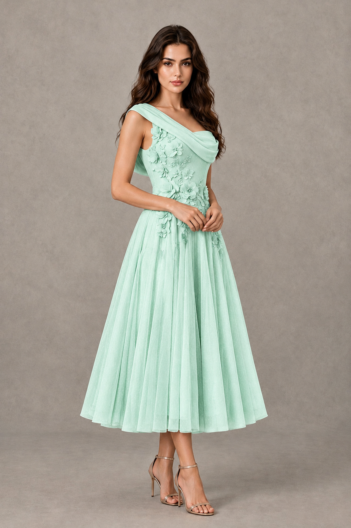 BOLODOO Mint Green One-Shoulder Floral Tulle Tea-Length Dress - Mint Green - Mint Green_03