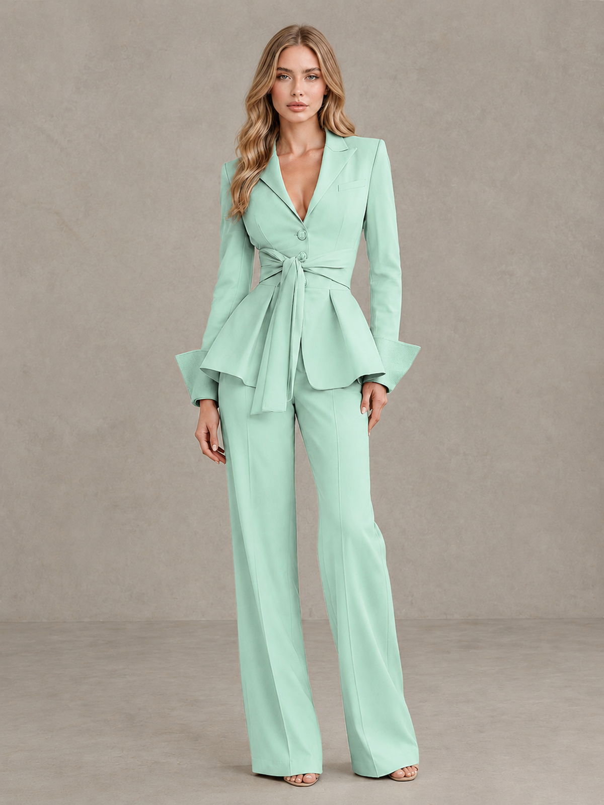 BOLODOO Mint Green Belted Peplum Pantsuit with Long Sleeves & Wide-Leg Trousers - Mint Green - Mint Green_03