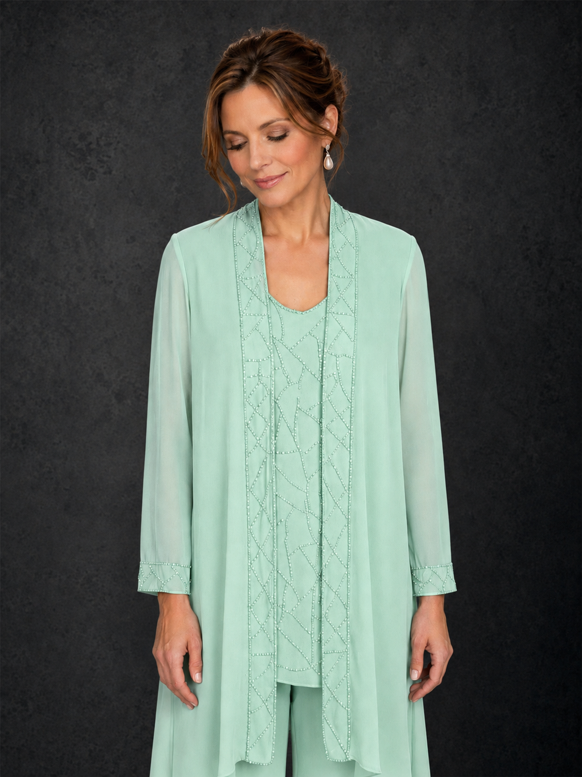 BOLODOO Mint Green 3-Piece Beaded Chiffon Duster Jacket Pant Suit - Mint Green - Mint Green_03