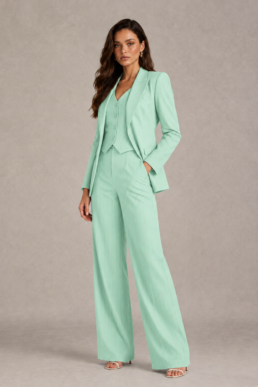 BOLODOO Women's Mint Green Pinstripe Three-Piece Pantsuit with Wide-Leg Trousers - Mint Green - Mint Green_03