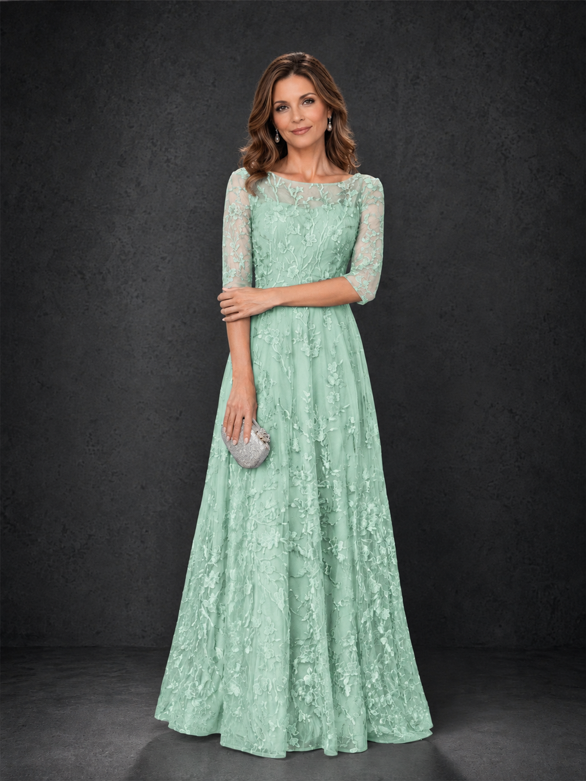 BOLODOO Mint Green Illusion Bateau Neck 3/4 Sleeve Floral Lace A-Line Mother of the Bride Dress MX007 - Mint Green - Mint Green_03