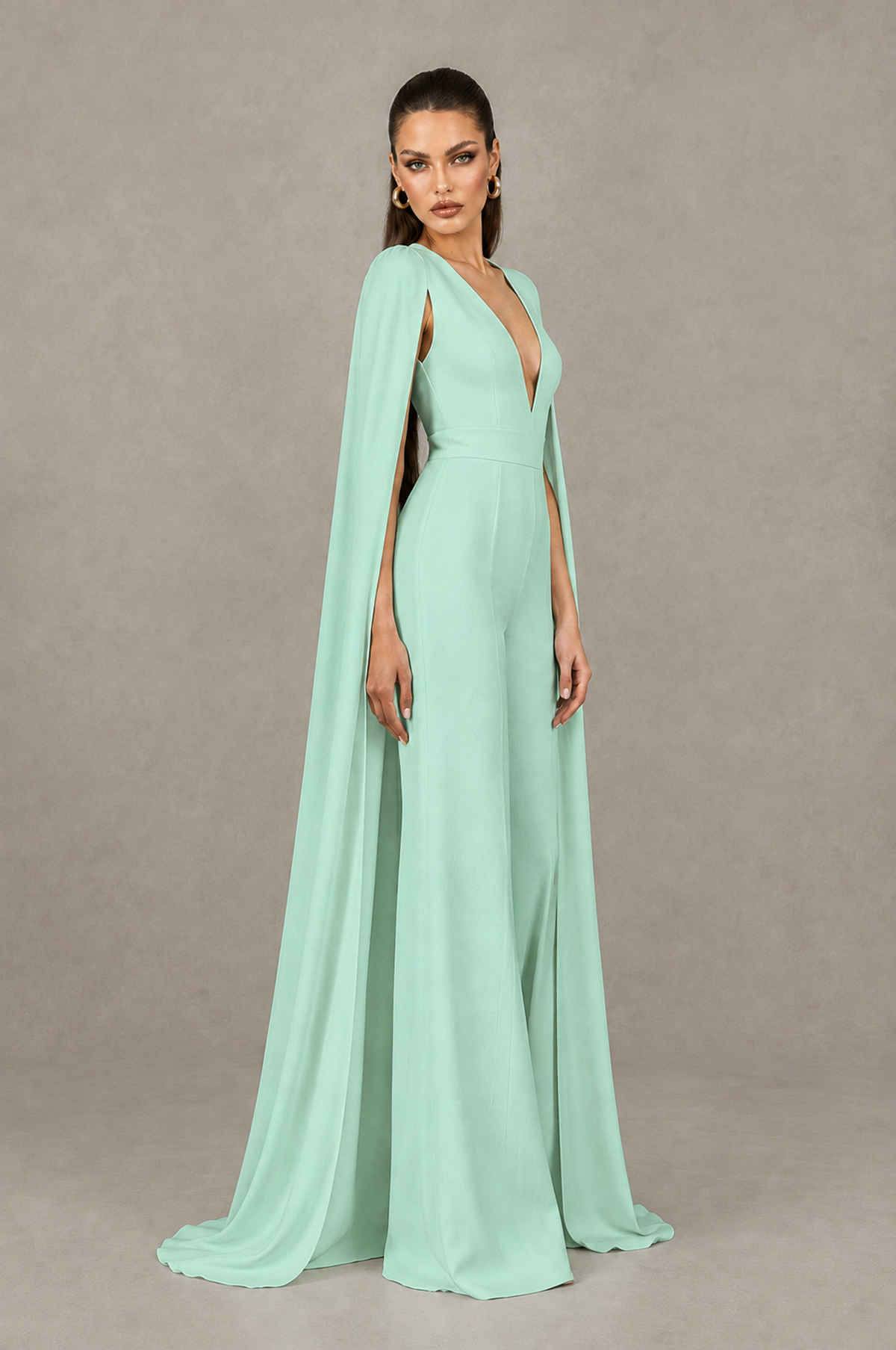 BOLODOO Mint Green Deep V-Neck Cape Sleeve Bridal Jumpsuit - Mint Green - Mint Green_03