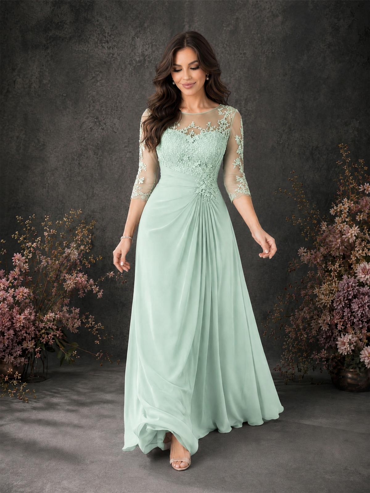 BOLODOO Mint Green Chiffon Lace Illusion Neckline 3/4 Sleeve Floor Length Formal Gown - Mint Green - Mint Green_03