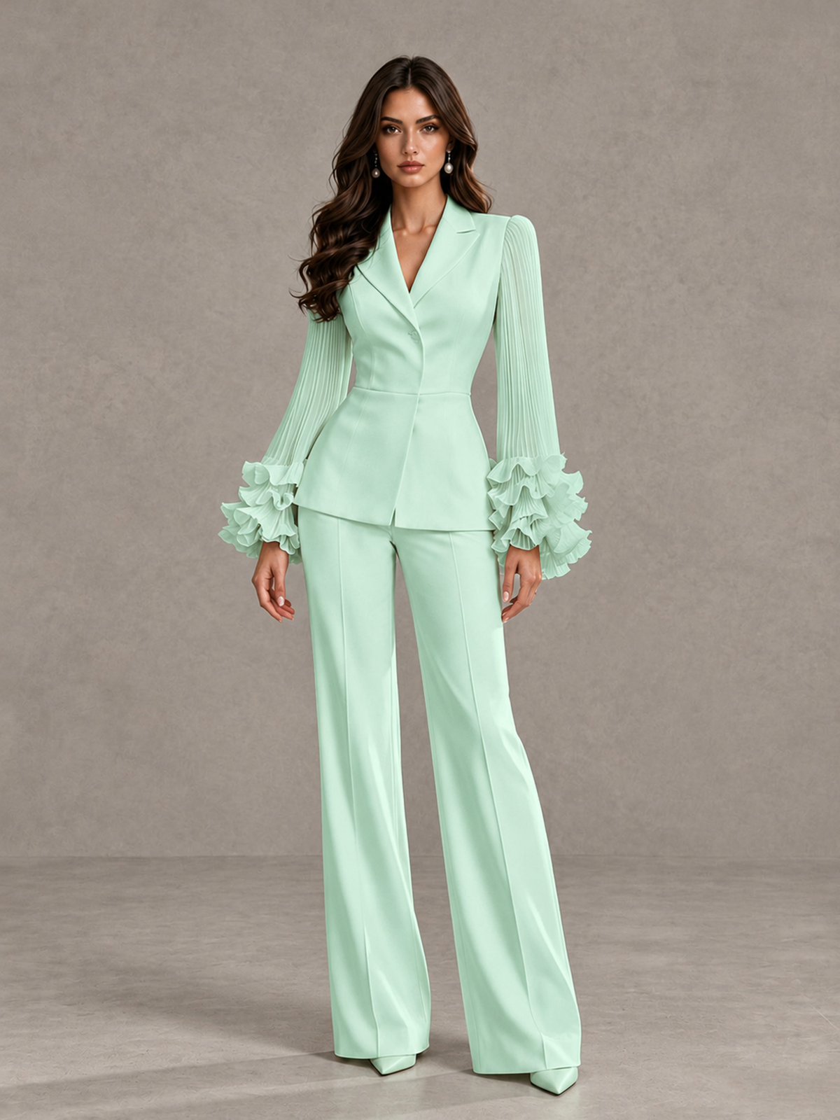 BOLODOO Mint Green Mother of the Bride Pant Suit – Pleated Long Sleeve Ruffle Cuff Wide Leg Trouser Suit - Mint Green - Mint Green_03