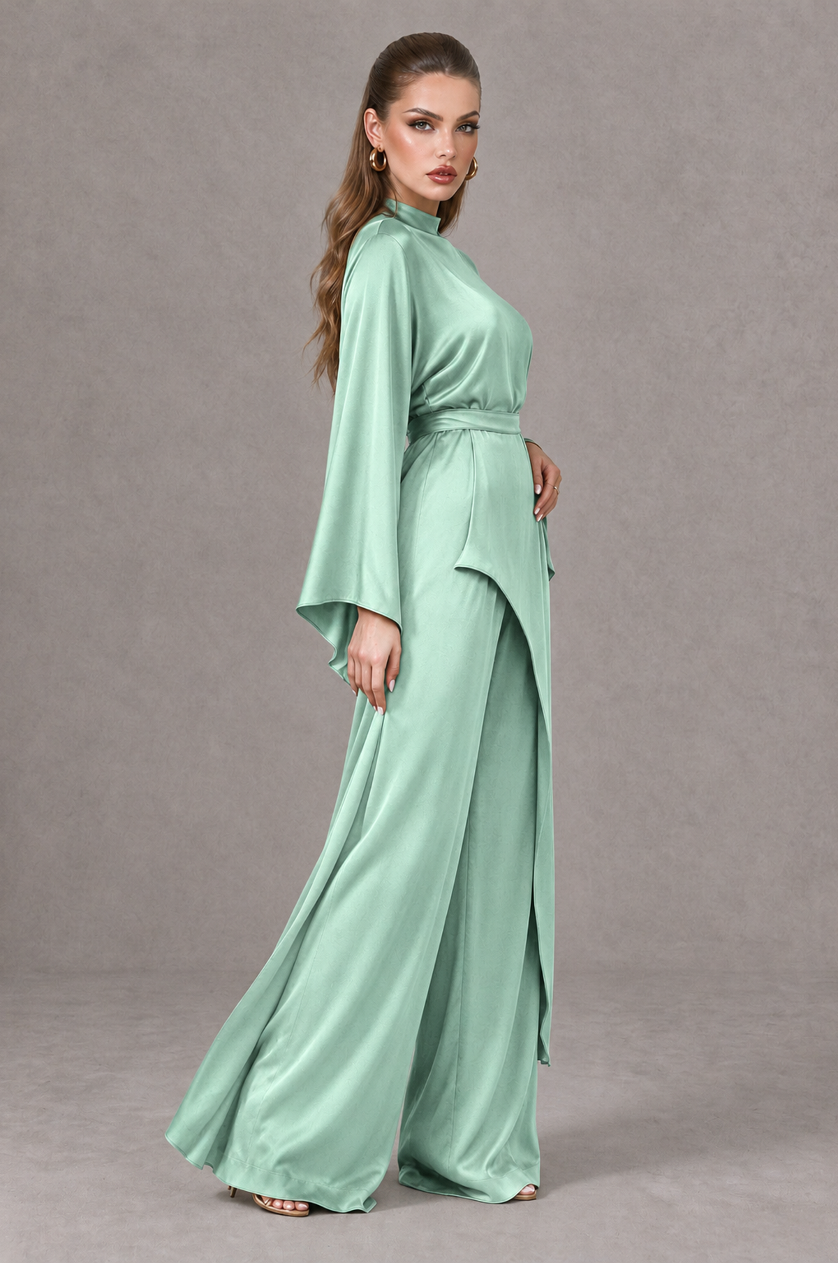 BOLODOO Mint Green Satin-Look Long Sleeve Wide-Leg Jumpsuit - Mint Green - Mint Green_03