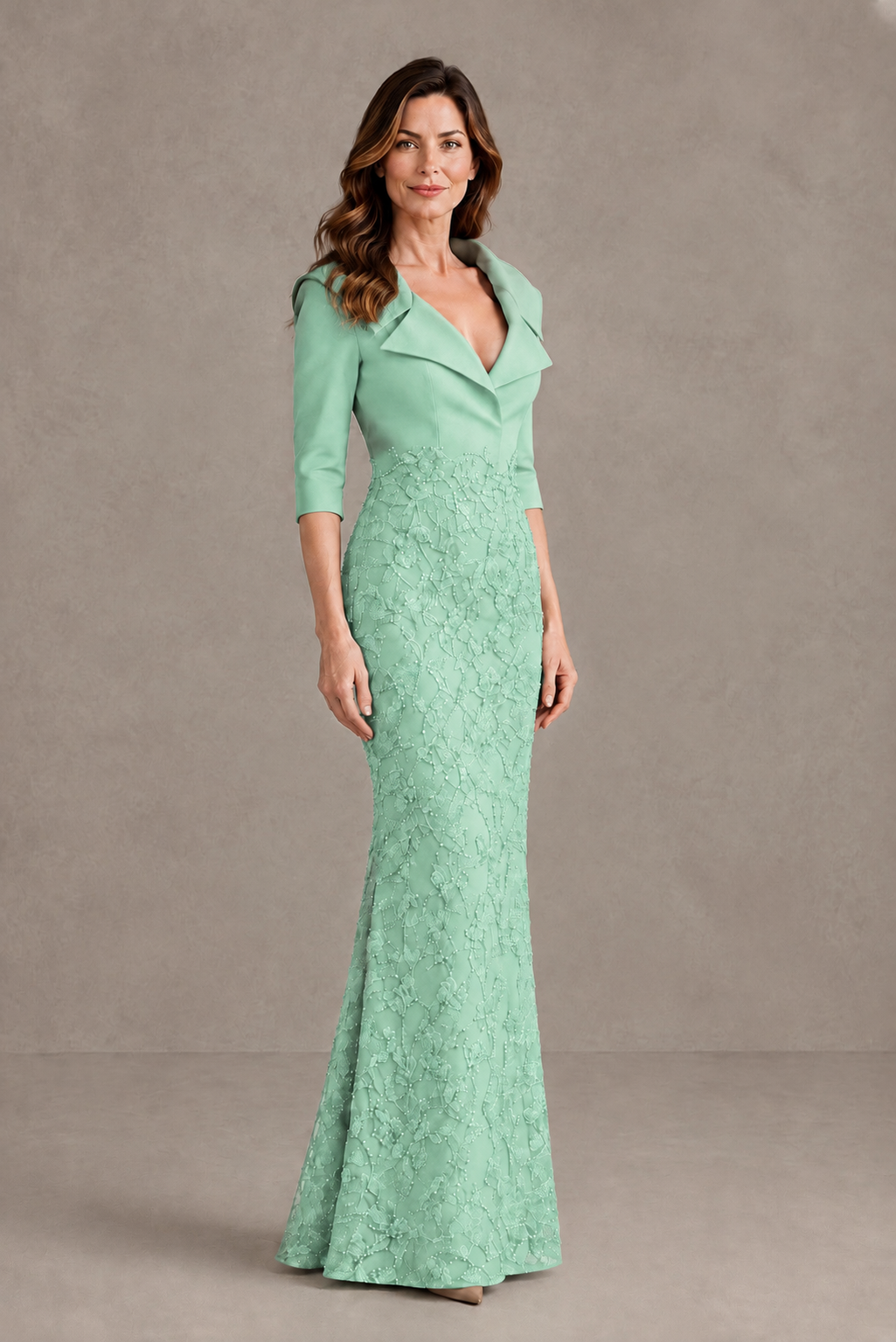 BOLODOO Mint Green Three-Quarter Sleeve Mermaid Evening Dress with Floral Detail - Mint Green - Mint Green_03