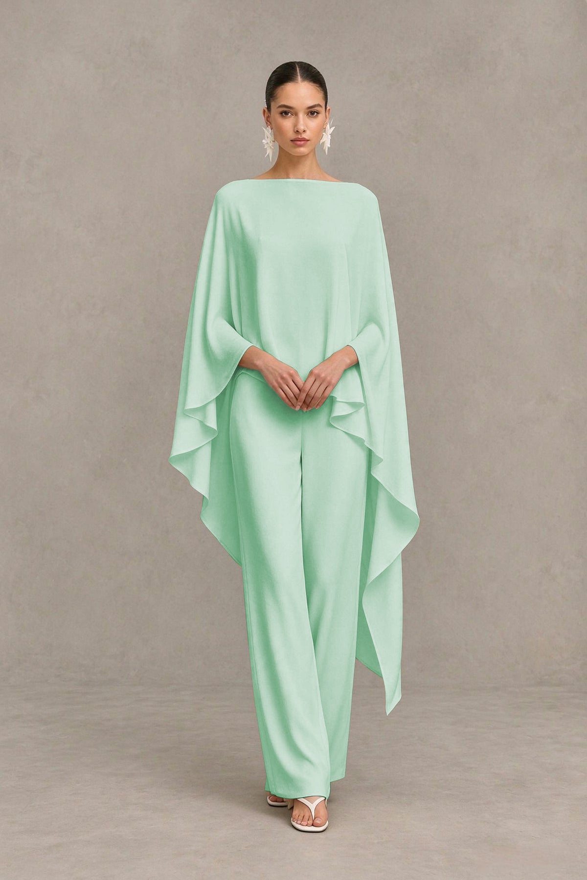 BOLODOO Mint Green Cape Sleeve Wide-Leg Formal Pantsuit - Mint Green - Mint Green_04